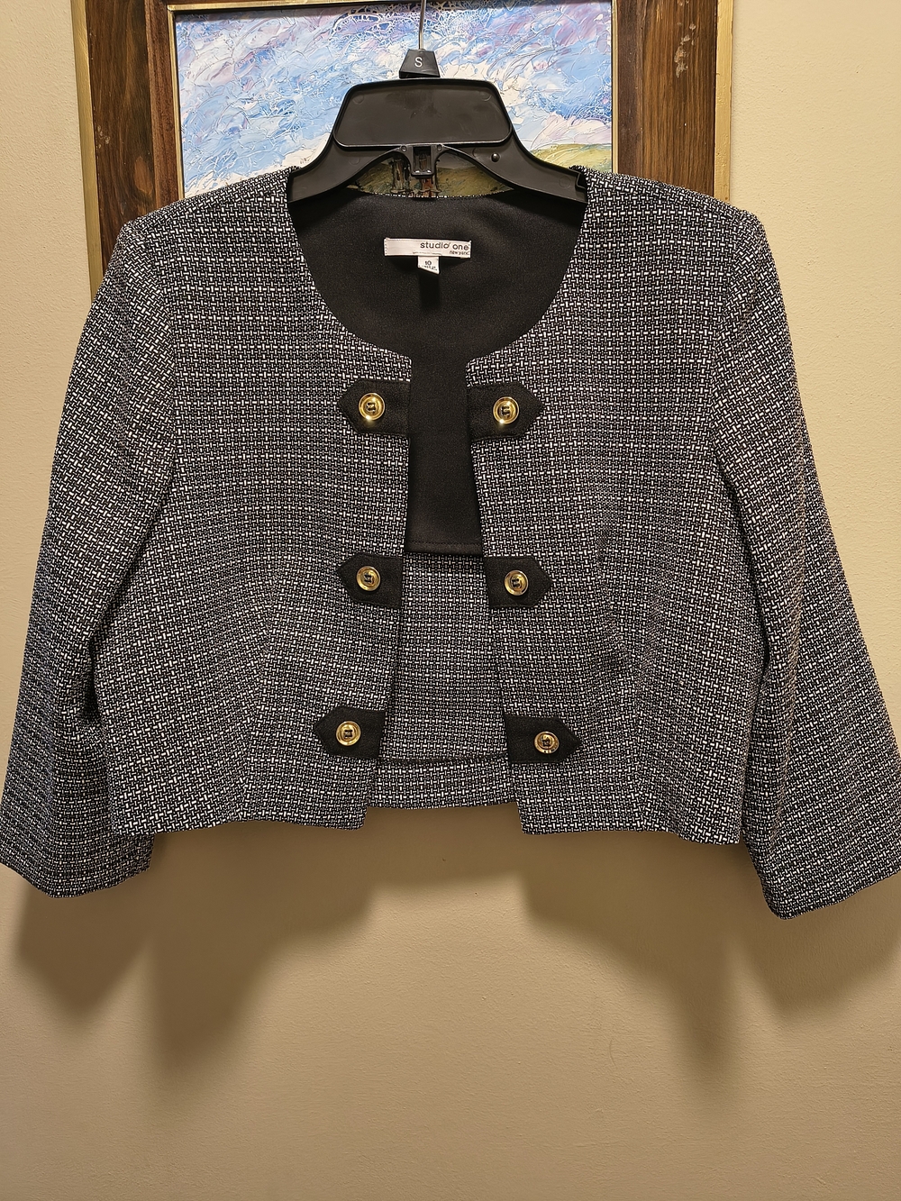 Studio One Black & White Tweed Cropped Blazer with Gold Buttons